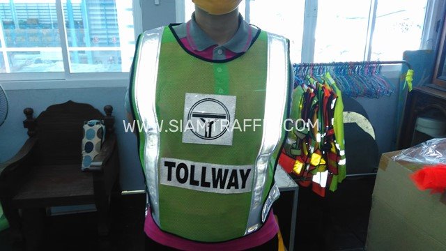 เสื้อกั๊กตาข่ายจราจร สีเขียว ติดแถบข้อความสะท้อนแสง TOLLWAY